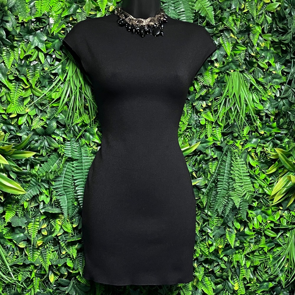 Zara Dress Small Black Cap Sleeve Bodycon Mini Mock Neck Stretch‎ Knit 3731 - Picture 3 of 8